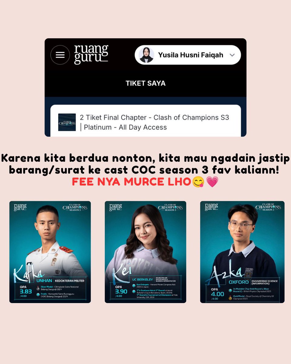 faiijaee's tweet photo. ✨ Your wishlist is one step closer to reality! ✨

Pengen titip barang 🎁 atau surat 💌 buat cast COC Season 3 fav kalian? Sekarang nggak perlu ribet lagi! 🥹🤍

 Linknya ada di postingan ini yaa, gaiss! 🥰🤟🏻

#clashofchampions #kafka #azka #arfa #cocs3 #darwin https://t.co/N8Bi7gip1s