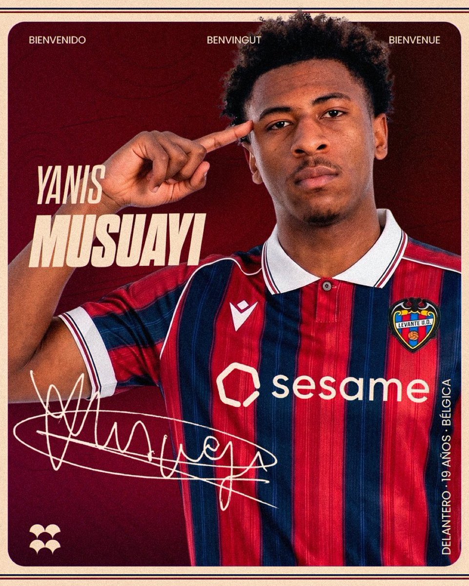Mercato90X's tweet photo. 🚨 OFICIAL

✅ El Levante hace oficial el fichaje de Yanis Musuayi procedente del Brujas por 2’5M€.

✍️ Firma hasta 2030 https://t.co/8zrlzP8mQD