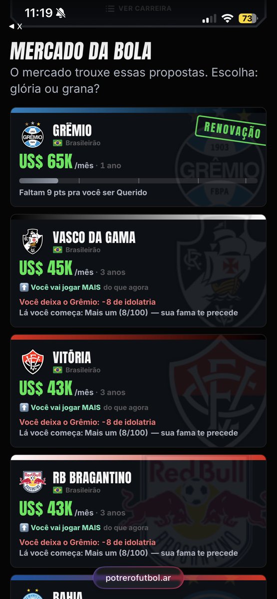 styholland's tweet photo. o jogo escolheu aleatoriamente o grêmio e apareceu proposta pro time que torço (vasco), mas falta tão pouco pra conseguir ser querida af https://t.co/pU3YUulQOS