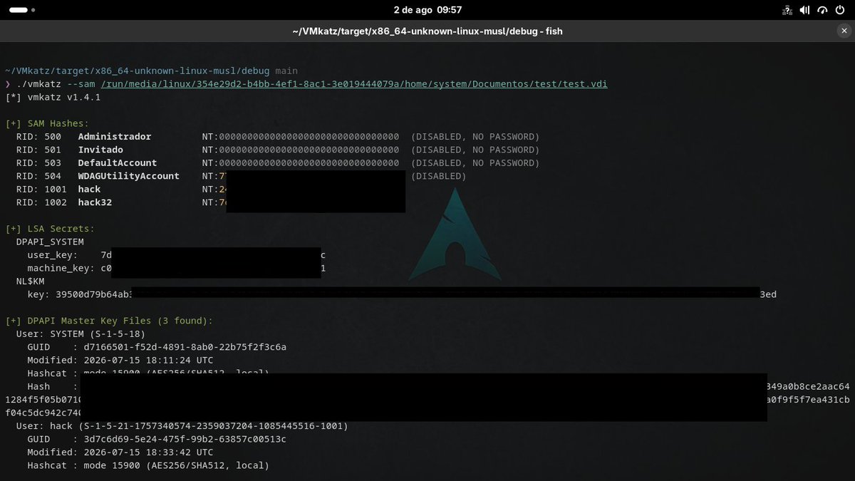 Hack32_'s tweet photo. VMkatz in action: Offline extraction of SAM, LSA, and DPAPI directly from a .vdi virtual disk 🛠️🔐 💀🔥 https://t.co/62uWBgSUzN