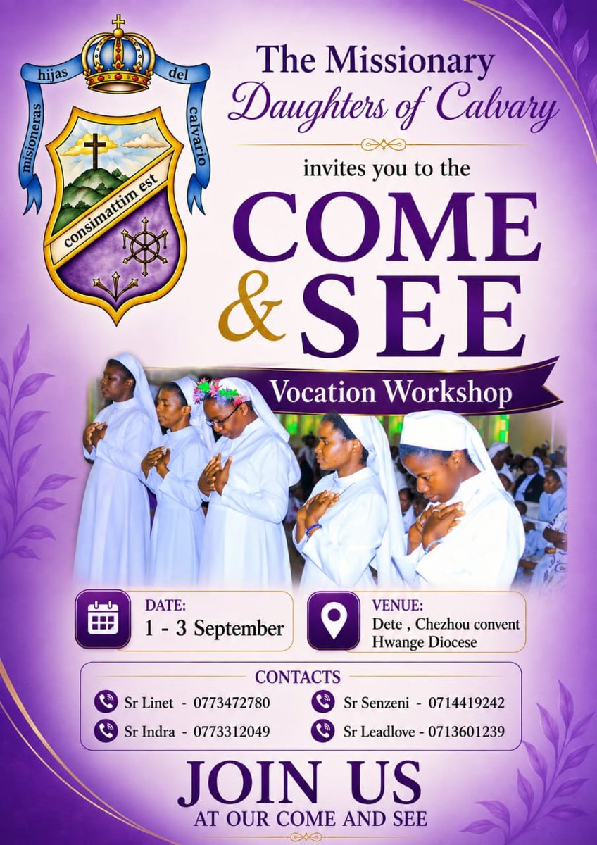 SoccomHwange's tweet photo. The Missionary Daughters of Calvary Sisters invite you to a vocation workshop. See details in the poster. https://t.co/lvCxc2HHXG