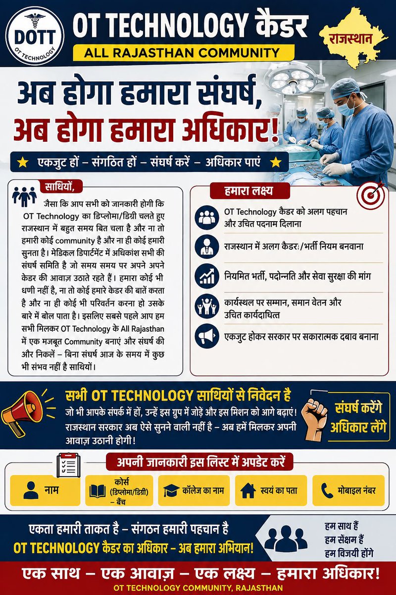 lovepatel7001's tweet photo. हर सफल ऑपरेशन के पीछे एक प्रशिक्षित OT Technician की महत्वपूर्ण भूमिका होती है। फिर भी आज इस वर्ग के लिए अलग कैडर और नियमित भर्ती का अभाव है।

हम राजस्थान सरकार से मांग करते हैं कि OT Technician का अलग कैडर बनाया जाए, नियमित भर्ती शुरू की जाए

#पैरामेडिकल_सेवा_नियम_जारी_करो https://t.co/xuke3YPVoV