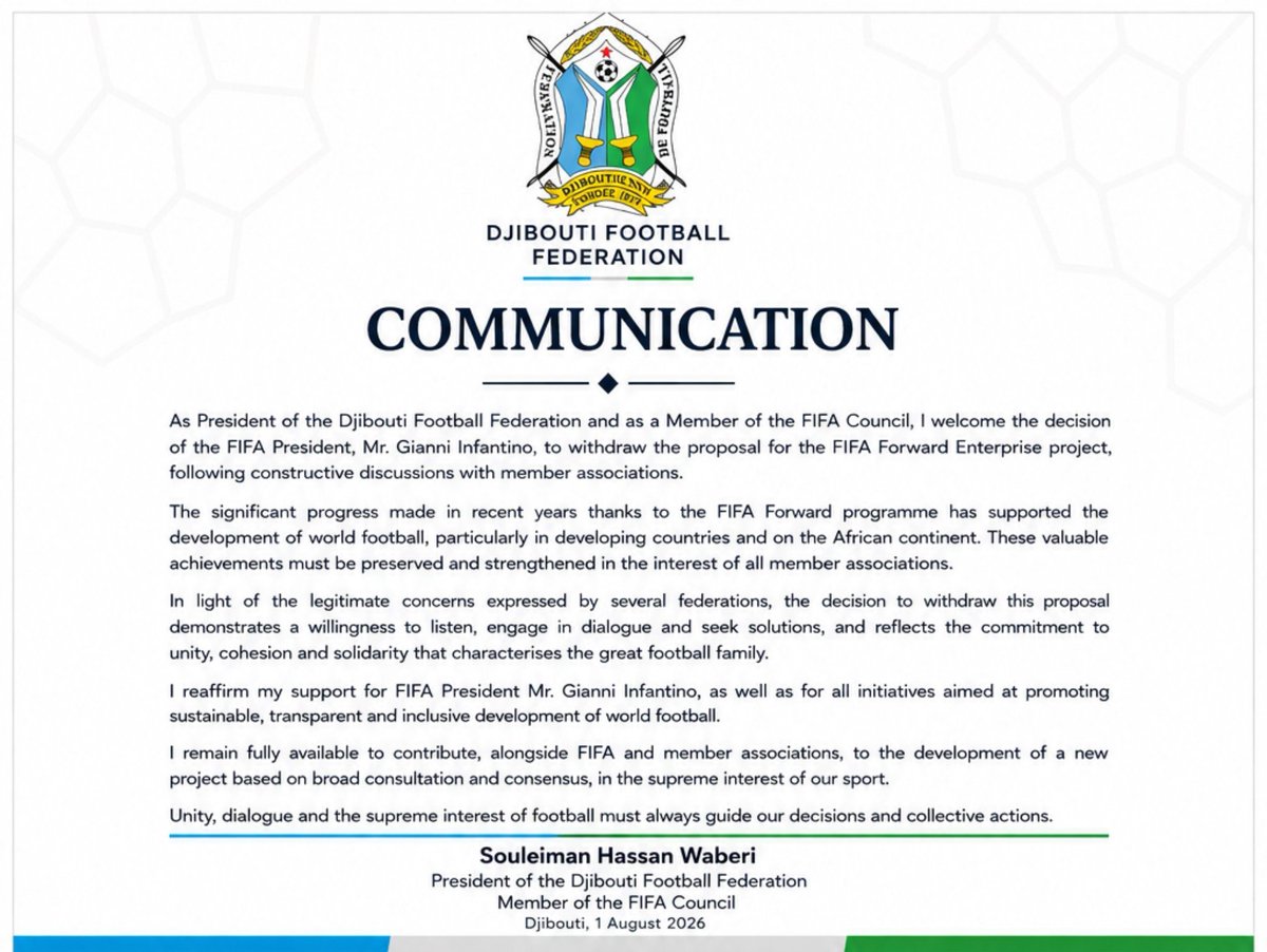 garyalsmith's tweet photo. UPDATE:

In the last 24 hours, four CAF ExCo members, who double as FIFA Council members, have issued public backings for the embattled Gianni Infantino. 

🇲🇦 Fouzi Lekjaa - Morocco FA President, CAF 1st Vice President & Fifa Council member

🇲🇷 Ahmed Yaya - Mauritania FA President & Fifa Council member

🇩🇯 Souleiman Waberi - Djibouti FA President & Fifa Council member 

🇳🇪 Djibrilla Hamidou - Nigeria FA President & FIFA Council member

Attached are English renderings of their dispatches, which were originally in French.

These four suggest what the top hierarchy of African football may be expected to do where supporting Infantino is concerned. 

None of the other CAF Vice Presidents, including Ghana's Kurt Okraku, have commented on the matter. 

As mentioned a few days ago, the continent's football leaders are, as we speak, politically pro-Gianni Infantino. For now. That has not changed. 

Inevitably, a public statement articulating the official CAF stance will have to be made at some point, either in writing or via a speech by the CAF President. 

As the second biggest voting block, Africa's utility to football politics is known. Whether the continent uses this utility for its own interests or at the behest of someone else is always the contention.