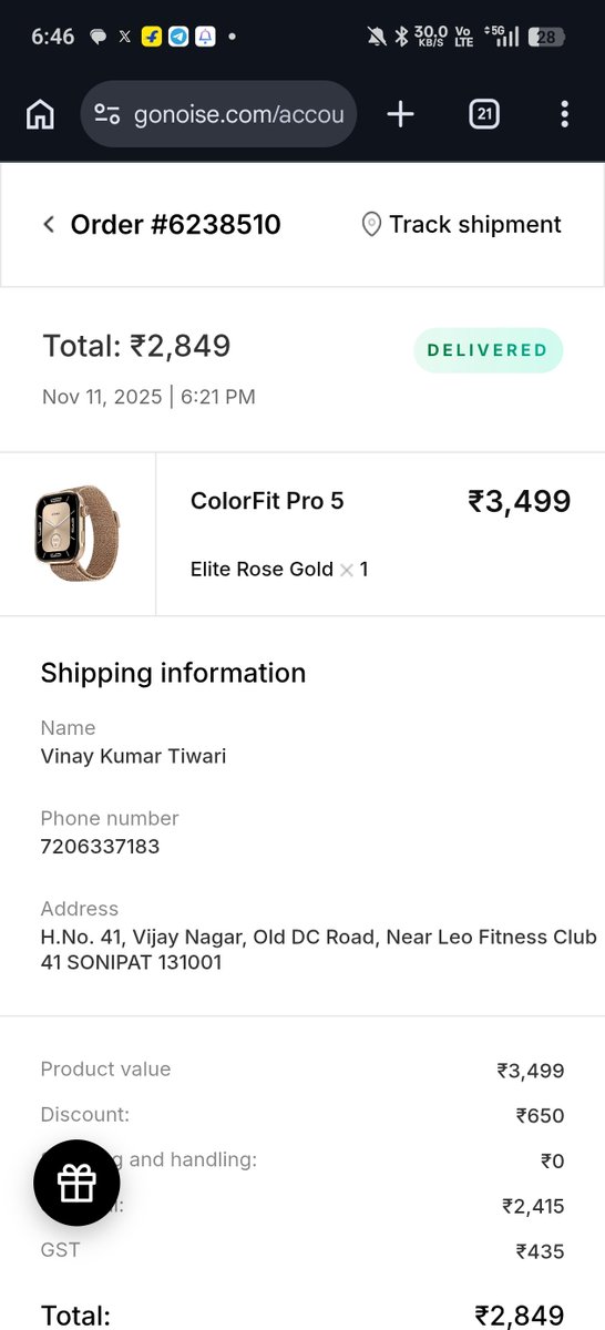 CourierComplain's tweet photo. Disappointed with @gonoise . My #ColorFitPro5 strap holder broke during normal daily wear—no fall, no impact, no misuse. For a smartwatch costing ₹2,849, this level of build quality is unacceptable. Even ₹500 watches feel sturdier. I expect a proper resolution. #Noise https://t.co/uudkp8DL2Y