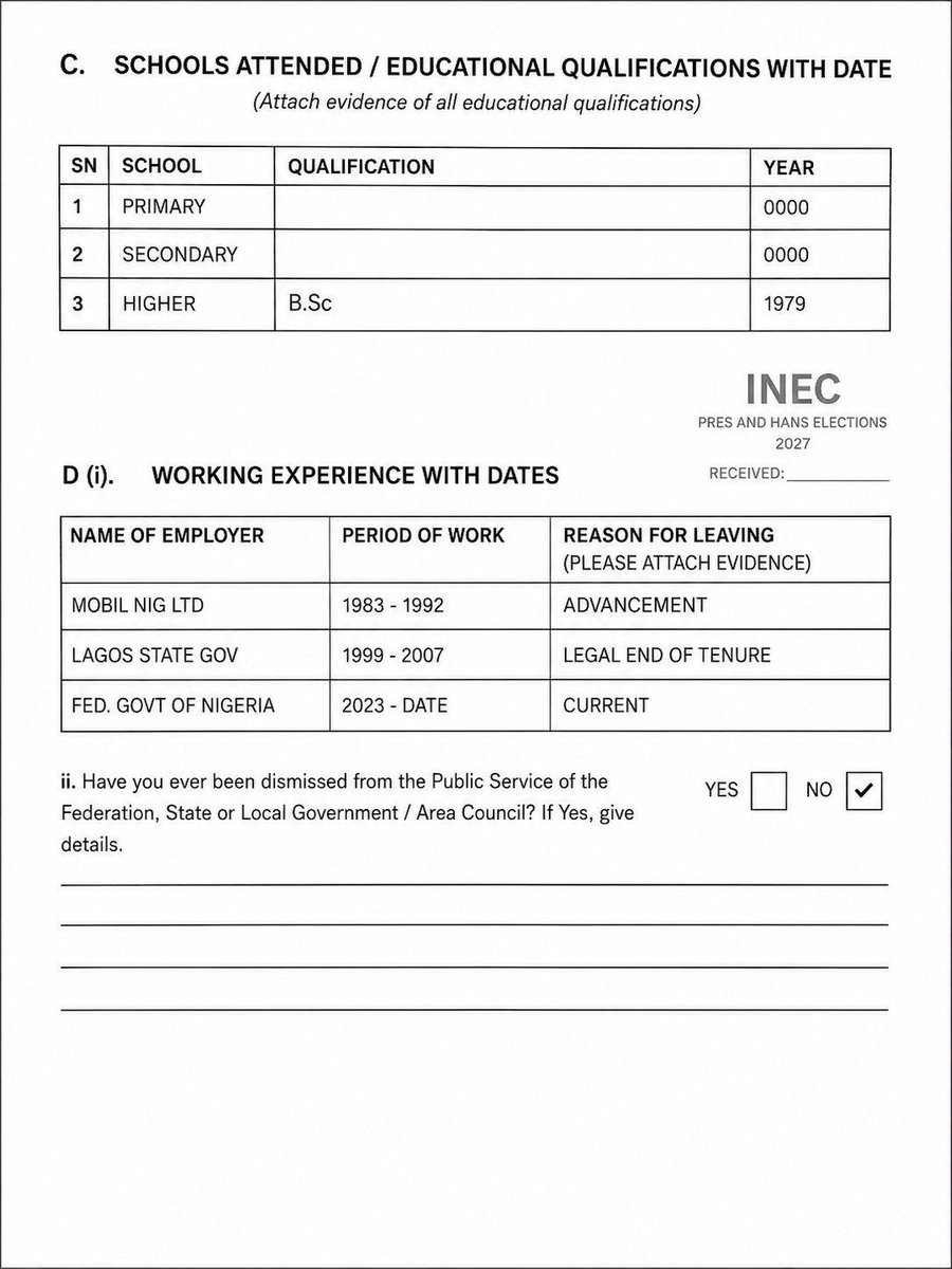 RealQueenBee__'s tweet photo. Ladies and gentlemen, have you ever wondered why the information on Bola’s previous INEC nomination form completely disappeared from the current records?

They didn't just get missing, they were erased. When the paperwork turns out to be fake and forged, wiping the slate clean is the only option left.

You can delete the files, but you can’t delete the truth.

Occupation:
- ACCOUNTANT, FINANCIAL CONSULTANT, CERTIFIED PUBLIC ACCOUNTANT JUNE 1979

EDUCATIONAL INSTITUTIONS ATTENDED WITH DATES:

Primary Schools:
- ST. PAUL AROLEYA CHILDREN HOME SCHOOL IBADAN 1958–64

Secondary Schools:
- GOVERNMENT COLLEGE IBADAN 1965–69

- RICHARD DALEY COLLEGE CHICAGO ILLINOIS
U.S.A 1969–713

Tertiary Institutions:
- UNIVERSITY OF CHICAGO 1972–76
BSc ECONOMICS 1976

- CHICAGO STATE UNIVERSITY 1977–1979
BSc IN BUSINESS & ADMINISTRATION June 1979

WORKING EXPERIENCE WITH DATES:
- ARTHUR ANDERSON ACCOUNTING FIRM U.S.A
(Financial Consultant) 

- ELLIOTT HASKING & SELLS 1979–82