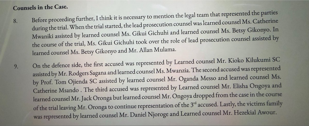 Ndonglaw043's tweet photo. Reading the Full Judgement in the Murder of Sharon Otieno and I cannot help but admire how Justice Githua sets aside this special two paragraphs to the counsel who prosecuted the matter. This is all we have been asking from ALL COURTS, @Kenyajudiciary we need all counsel to be identified and recognised in ALL matters, it not only fosters consultation in future cases but maintains the record of the stellar work of colleagues
 
Quite remarkable ✅✅
