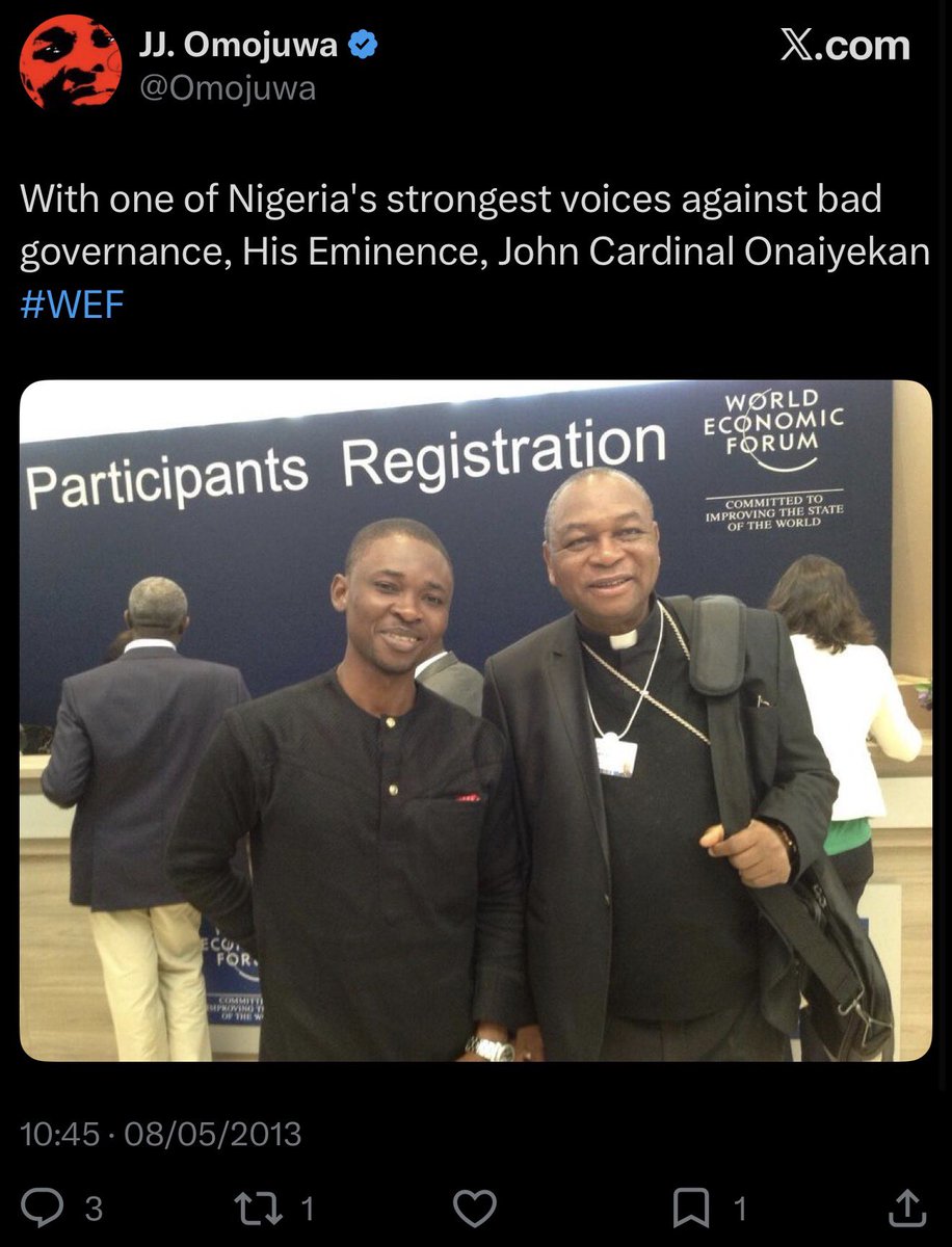 _Dejii's tweet photo. It has been established since at least 2013 that His Eminence, John Cardinal Onaiyekan, is one of “Nigeria’s strongest voices against bad governance.”

Thirteen years later, he has remained true to his principles. Just yesterday, he did exactly what many of you praised him for over the years. But because the subject of his comments is your political messiah, you now believe he has crossed the line.

@adesina_adele, this is the true meaning of hypocrisy, especially at a time when the term is being used so loosely.