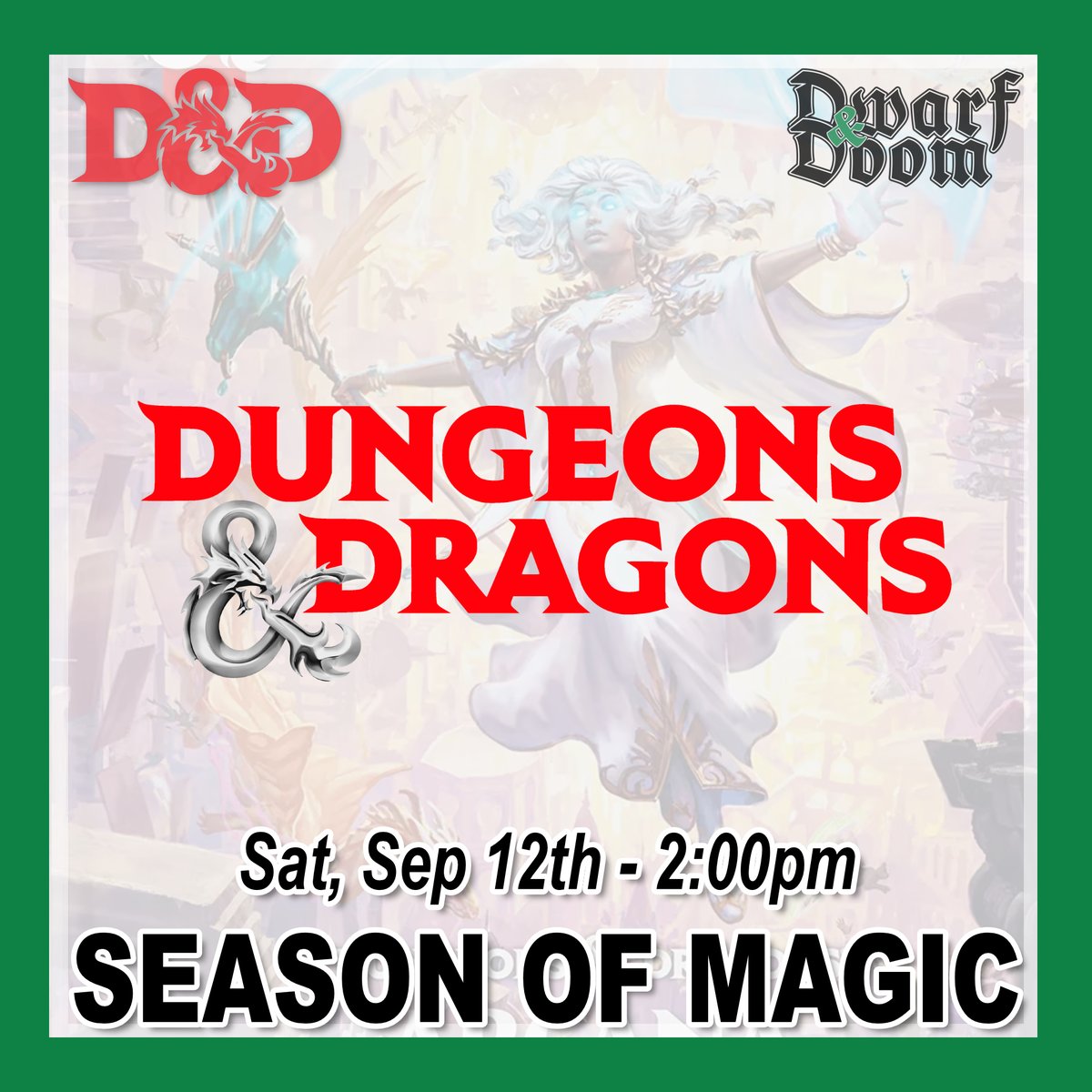 DwarfDoom's tweet photo. Get ready for the ultimate Dungeons &amp; Dragons Season of Magic celebration! 🎉 Join us for a thrilling three-hour event as we dive into the new releases, Arcana Unleashed and Arcana Unleashed: Deadfall! ✨ #DnDMagic #CelebrateWithUs https://t.co/5dmmpoSy0V