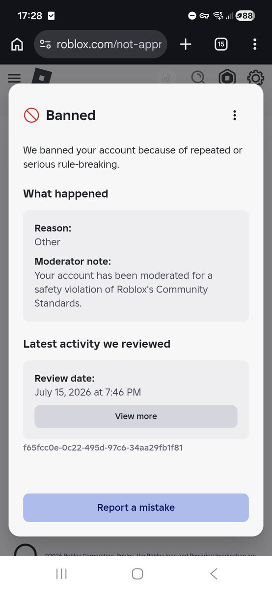 meerrmik's tweet photo. Even though the last violation on my account was in 2025, I got banned recently and I don't even know why, and I only have 10 days left to appeal, lol. @Roblox @Roblox_RTC @KreekCraft https://t.co/sVxDRwh00O