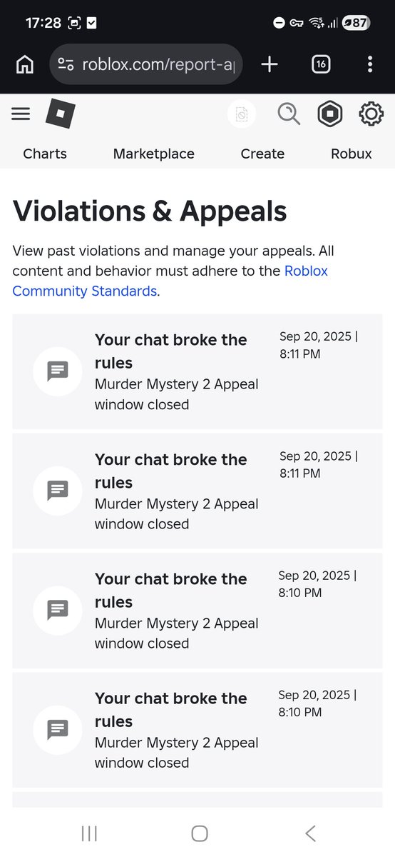 meerrmik's tweet photo. Even though the last violation on my account was in 2025, I got banned recently and I don't even know why, and I only have 10 days left to appeal, lol. @Roblox @Roblox_RTC @KreekCraft https://t.co/sVxDRwh00O