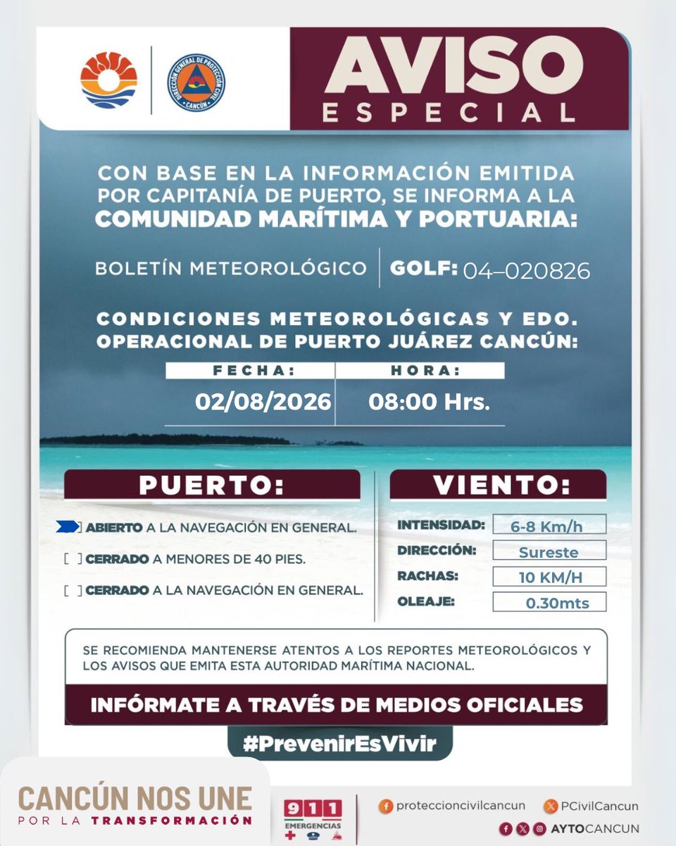 PCivilCancun's tweet photo. 🚨𝗔𝗩𝗜𝗦𝗢 𝗘𝗦𝗣𝗘𝗖𝗜𝗔𝗟
Con base en la información emitida por 𝗖𝗔𝗣𝗜𝗧𝗔𝗡Í𝗔 𝗗𝗘 𝗣𝗨𝗘𝗥𝗧𝗢 se informa:

Se comunica:
𝗔𝗩𝗜𝗦𝗢 𝗔 𝗟𝗔 𝗖𝗢𝗠𝗨𝗡𝗜𝗗𝗔𝗗 𝗠𝗔𝗥Í𝗧𝗜𝗠𝗔
De acuerdo al boletín meteorológico GOLF-04-020826
El puerto se encuentra https://t.co/oRYOyN7Ab0