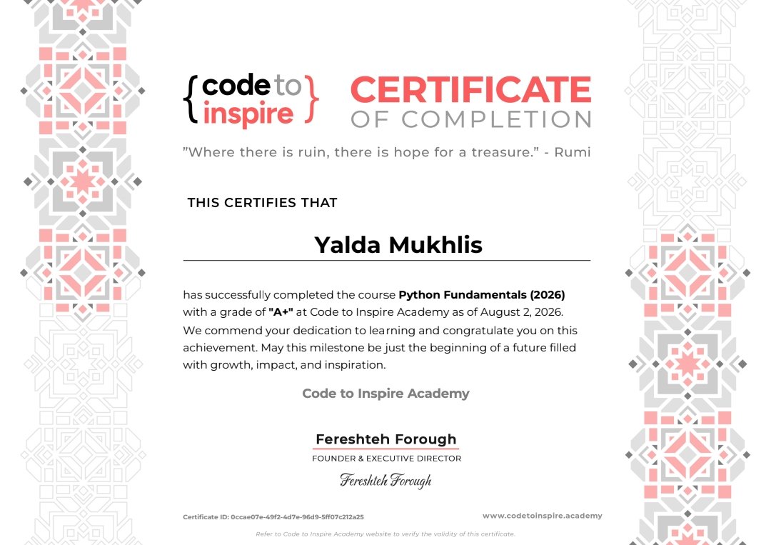 YaldaMukhlis's tweet photo. Happy to share that I completed Python Fundamentals with an A+! 🎉
Thank you, @CodeToInspire, @f_forough, and @a_daneshyar for your guidance and support throughout this journey. Excited to keep learning and building! 🚀
#Python #CodeToInspire #WomenInTech #AfghanGirlsCode https://t.co/QUTCd1CY2W