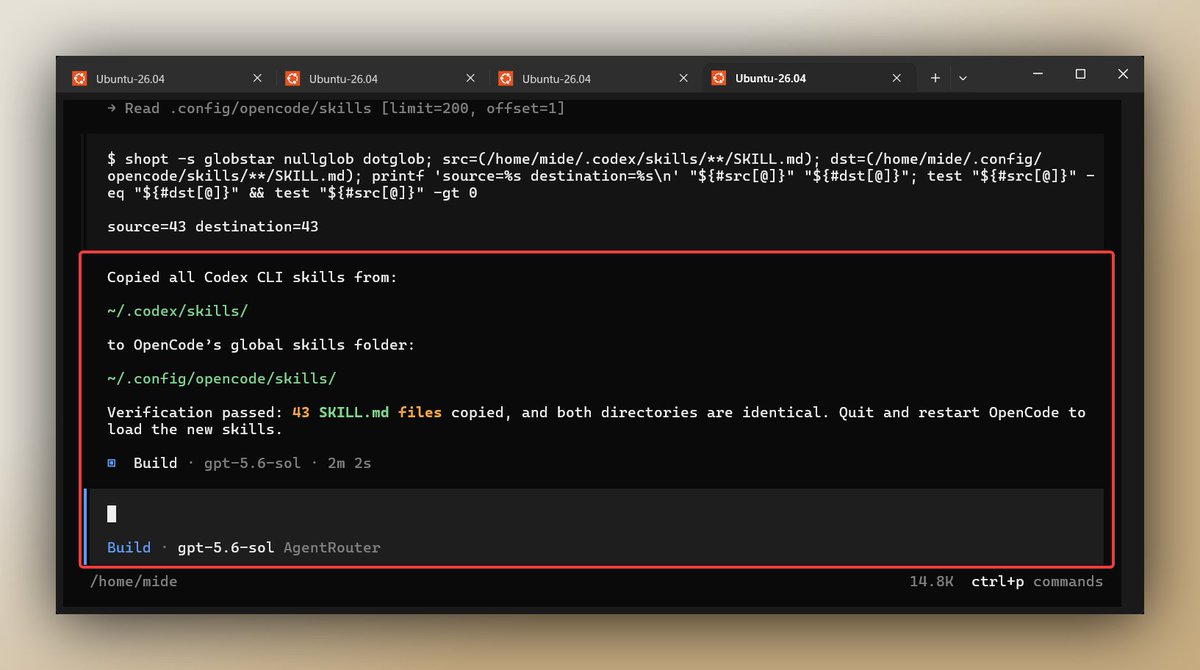 MystiqueMide's tweet photo. Update on this

I tried the free API on OpenCode, and it works, I was doubting before, haha.

Currently using it with GPT5.6 Sol.

I copied all my skills files from Codex into OpenCode.

To set up is a long process, just ask your agent to do it for you. ( I used GPT5.6 Luna Max to help configure it)

Join here : https://t.co/V0faPnamR4

And check the quoted post for more information. Also, you can see the deduction from the credits also

Good luck and happy building. 

I may make a guide later on how to set it up tho , I am tired now.