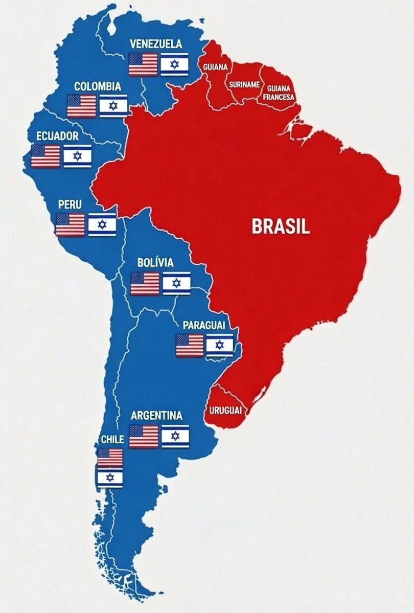 BellatrixMarla's tweet photo. CORREÇÃO DO MAPA: Uruguai tem presidente de esquerda. Ontem, com o avançar das horas e já com muito sono, não reparei que Uruguai foi retratado como de direita. Então, pedi para a IA fazer a correção.