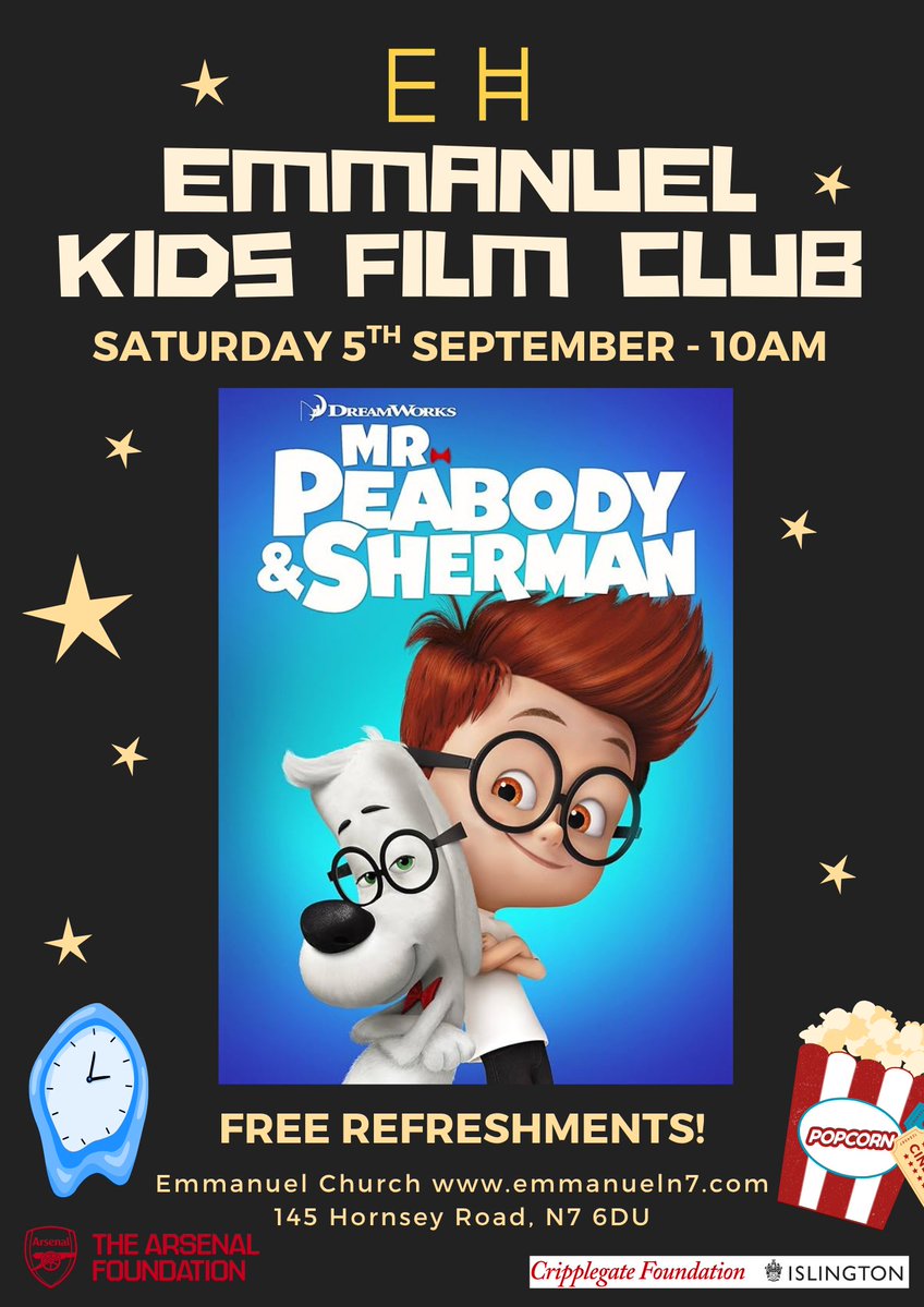 N7_Emmanuel's tweet photo. Emmanuel Film Club 5th September
10am Kids: Mr Peabody &amp; Sherman
12 noon Classic: Chevalier
FREE hot dogs, burgers, popcorn, drinks &amp; more!
Everyone welcome.
First Saturday of every month.
Next: 5 Aug
145 Hornsey Rd N7

https://t.co/9l2Jki51k5 https://t.co/ctW2A2qRGY