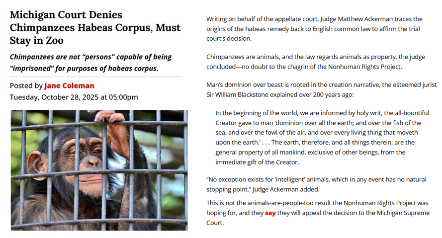 JaneBColeman's tweet photo. This is not the first time the Nonhuman Rights Project has tried to get the monkeys out of the zoo.

Here is @AckermanAppeals' excellent decision you mention, explaining why they can’t—and why the common law that Judge Welch would “update” can never change:
https://t.co/8nuYgVeTdi