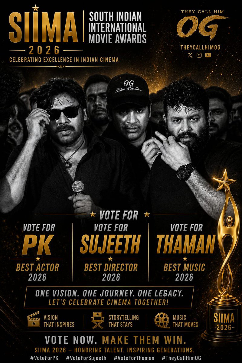 PK_Addicts's tweet photo. This is more than an award. It's a celebration of passion, vision, and cinema ❤️🔥🥳
⭐ PK – Best Actor
⭐ Sujeeth – Best Director
⭐ Thaman S – Best Music
Unite, OG fans.. Let's make every vote count ⚔️🔥
#TheyCallHimOG #SIIMA2026 #OG #VoteForPK #VoteForSujeeth #VoteForThaman https://t.co/qxkCwftUKv