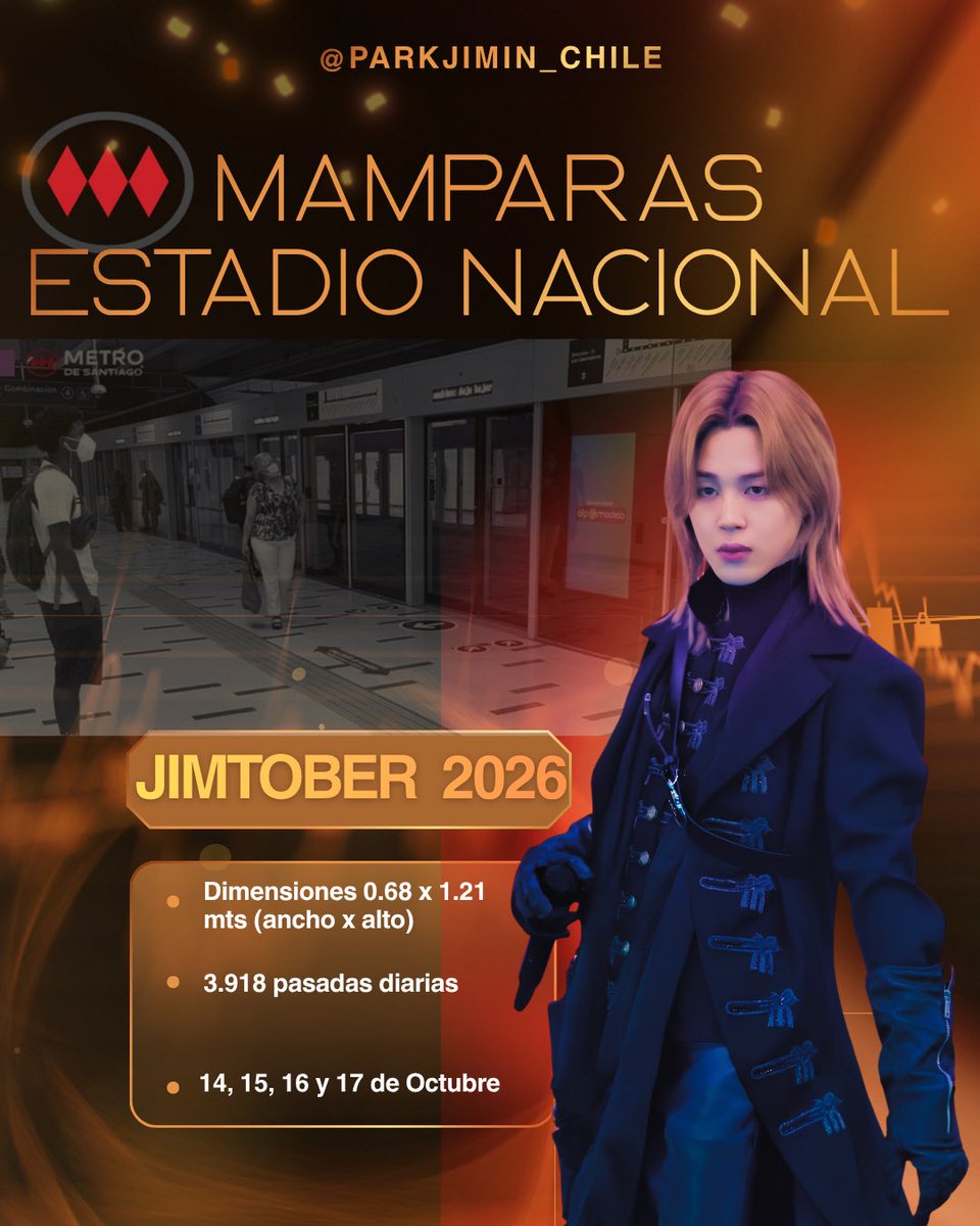 PARKJIMIN_Chile's tweet photo. ✨ ¡Atención PJMs y fans de Jimin en Chile! 💛
Nuestro primer proyecto, la pantalla en Pedro de Valdivia/Grecia, está en revisión (estamos negociando una opción con mejor visibilidad).

Pero ya tenemos algo confirmado y financiado por nuestro Team Jimtober: 10 pantallas en la estación de metro Estadio Nacional, asegurando una difusión masiva y un impacto que refleje la fuerza y unidad de nuestra comunidad. 🔥

Porque Jimin merece lo mejor, y en Chile lo celebramos con orgullo y visibilidad.

#JIMIM