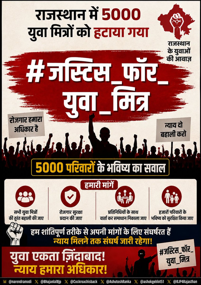 manishkumaram4's tweet photo. 5000 युवा मित्रों और उनके परिवारों का भविष्य दांव पर है। हमारी मांग है कि सरकार जल्द सकारात्मक निर्णय लेकर बहाली की प्रक्रिया शुरू करे। #जस्टिस_फॉर_युवा_मित्र @narendramodi @BhajanlalBjp @BJP4Rajasthan https://t.co/jXiYm3Rede