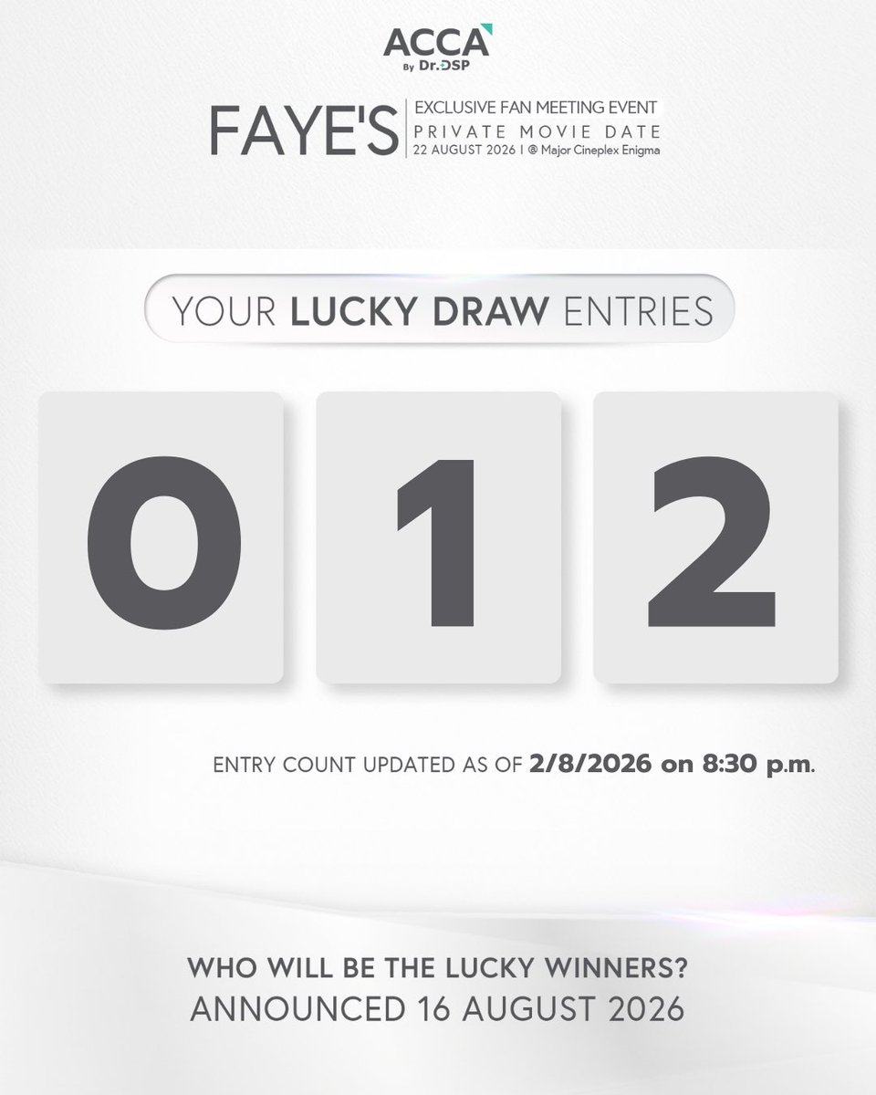 ACCA_by_DrDSP's tweet photo. อัพเดตยอด Top Spender&amp;Lucky Draw รอบสุดท้าย‼️

สิ้นสุดการลงทะเบียนคืนนี้เวลา 23.59 น.

⚠️หากยอดสะสมเท่ากัน ผู้ที่ลงทะเบียนเข้ามาเป็นลำดับแรก จะได้ลำดับก่อน

#ACCAXFAYE #ACCAbyDrDSP #FayesMovieDate #OnceInALifetimeWithFaye #FayePeraya #ฝ้ายพีรญา https://t.co/B1JcA3oE5T