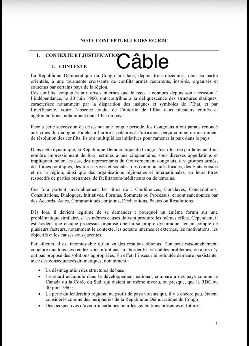 wembi_steve's tweet photo. #RDC: 🛑‼️🚨Exclusif | #Câble a obtenu un document confidentiel de la présidence de la @Presidence_RDC , qui a été transmis aux autorités angolaises dans le cadre des préparatifs d’un dialogue. Selon ce document, cette initiative portera le nom de « États Généraux de la Refondation de l’État pour le Salut de la Patrie », en abrégé EG-RDC.

Voici ce que dit le document. 👇👇👇

🛑‼️🚨« C'est ainsi qu'en vue de l'instauration d'un État répondant aux exigences du contexte actuel de la géopolitique interne et externe, il a paru impérieux au Président de la République, Chef de l'État, Son Excellence Félix-Antoine TSHISEKEDI TSHILOMBO, fort de son expérience dans la conduite des affaires de l'État et des enseignements tirés de l'histoire politique du Congo, d'initier, en vertu de ses prérogatives constitutionnelles, notamment celles prévues aux articles 69, 79 alinéa 3, 213 alinéa ler et 215 de la Constitution, les « États Généraux de la Refondation de l'État pour le Salut de la Patrie », en acronyme « EG-RDC ». C'est lui qui procède à l'ouverture et à la clôture des travaux et c'est aussi à lui que seront remises les conclusions des travaux assorties des recommandations »