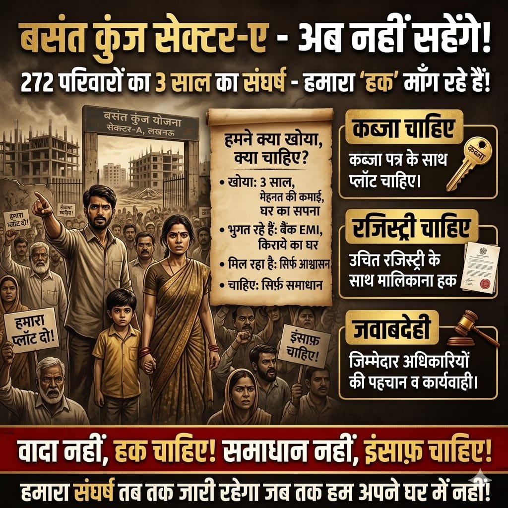 pramodpsb2016's tweet photo. @LkoDevAuthority What's the benefits of launching new scheme if u cant complete previous schemes,
272 allotees of Basant Kunj SectorA A are still waiting for their plots since past 3 years.@Basantkunjlko @myogiadityanath @myogioffice @CMHelpline1076 @CMOfficeUP https://t.co/BF6MMRCFSp