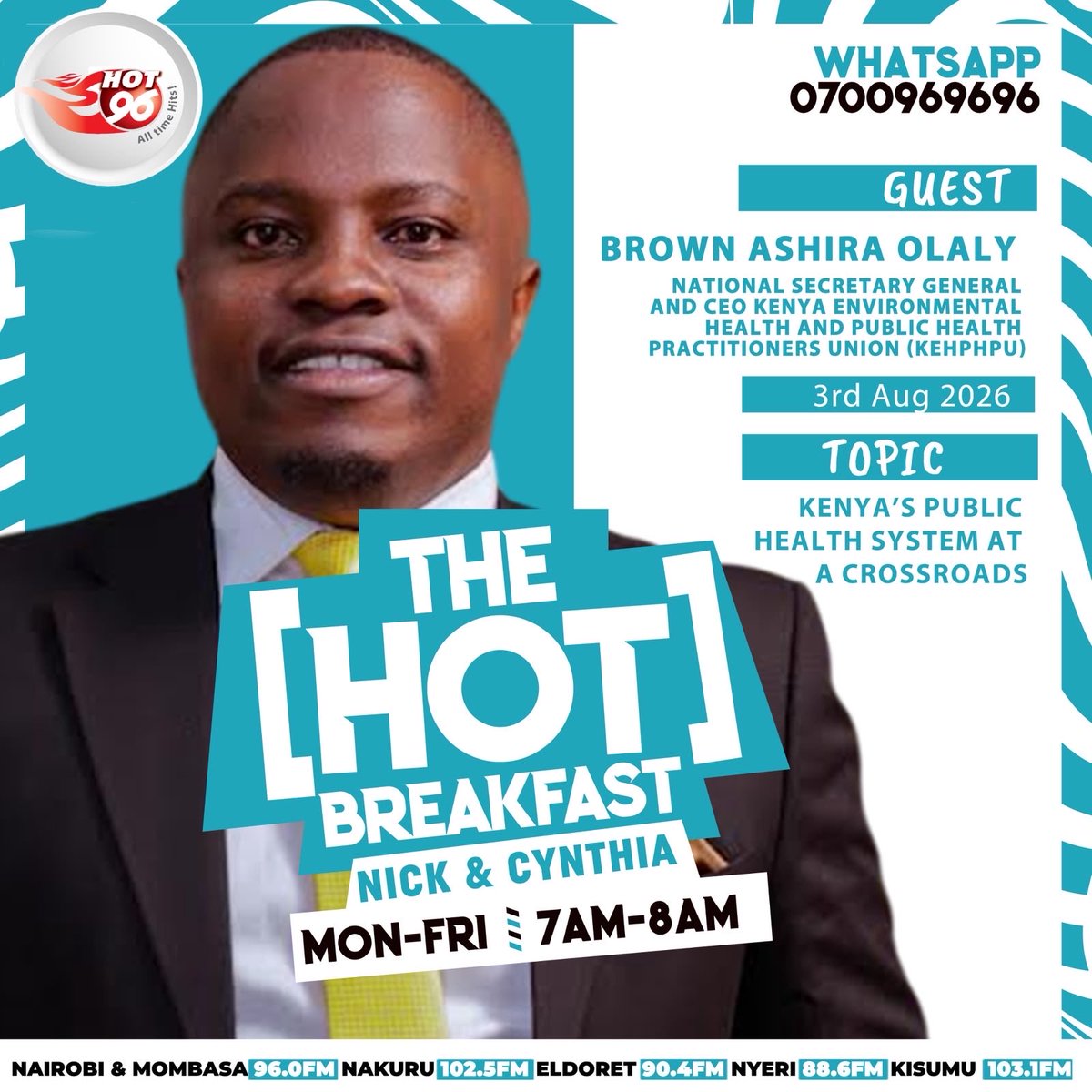 KEHPHPU's tweet photo. Tune in tomorrow! 🎙️
Don't miss Brown Ashira Olaly, National Secretary General & CEO of KEHPHPU, live on The Hot Breakfast as he discusses "Kenya's Public Health System at a Crossroads."
📅 3rd August 2026 | ⏰ 7:00–8:00 AM | 📻 Hot 96 FM #KEHPHPU #PublicHealth #Hot96FM https://t.co/0H3JKpQrQq