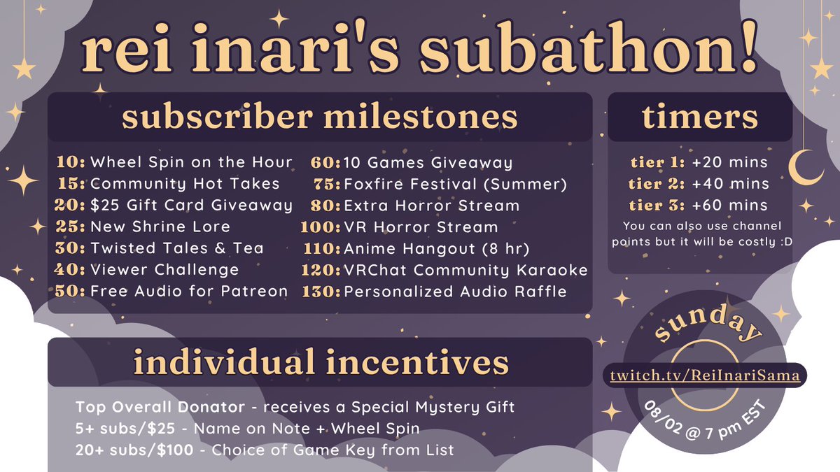 ReiKitsuneVT's tweet photo. So this silly little fox priestess might have missed a couple of mistakes on my last message about the subathon x3 Whoopsies!

There are options for those who don't have the ability to offer subs! You can use channel points to add to the clock, but it will cost you quite a few wisps. 

I will explain the wheel once we get to it. :3 

Today is Sunday, not Saturday (eheh). xD I'll post the long term follow goals here as well for the pin. And since hyperlink doesn't work on PNG files, the link to the stream will be in the comments for y'all! See you soon~

Thank you for your time!