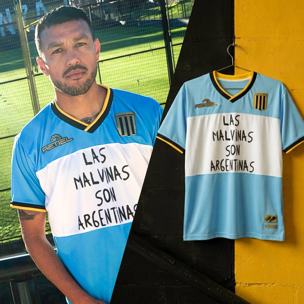 FutboliPolitica's tweet photo. 🇦🇷 Hoy Almirante Brown jugará con una camiseta especial que lleva los colores de la bandera argentina y que homenajea a las Islas Malvinas, con la tipografía de la bandera que mostró la selección argentina en el mundial. https://t.co/EggC4s1VXG