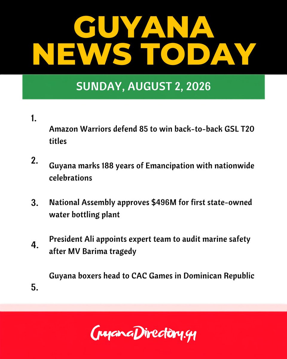 GuyanaDirectory's tweet photo. Amazon Warriors defend 85 to win back-to-back GSL T20 titles. Guyana marks 188 years of Emancipation. 5 headlines in today's update.

https://t.co/eWo9M4WPXl #Guyana #GuyanaNews https://t.co/y1kCXSJmAu