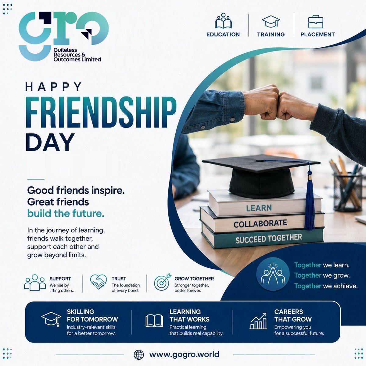 Groeducation's tweet photo. Happy Friendship Day! 

Great friendships inspire learning, fuel growth, and create brighter futures

Let's continue learning, supporting, and growing together

🌐 https://t.co/eJnyyjn2Ly⁠

#HappyFriendshipDay #GRO #LearningTogether #SkillDevelopment #CareerGrowth #Education https://t.co/eFFOefHzyT