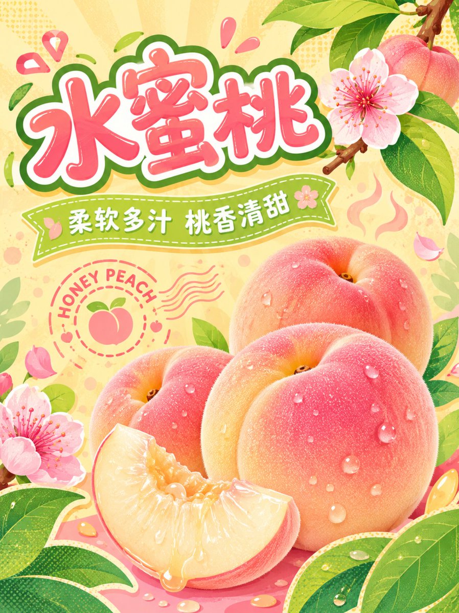 Mrpinecone888's tweet photo. 水蜜桃主题商业海报

GPT Image 2提示词：
竖版3:4水蜜桃主题商业海报，正视平面设计，奶油黄色满版背景，叠加低对比浅橙太阳放射纹、粉色圆点和淡绿色桃叶剪影。右下放置三颗大小错落的完整水蜜桃与一块切开的桃瓣，果实圆润饱满、��部自然凹陷，果皮从乳黄色渐变至柔和桃粉色，表面覆盖细密绒毛并带少量露珠；切瓣露出浅黄白色细腻果肉、湿润纤维和晶莹汁水。左上使用粗壮圆润、拙趣活泼的手绘字体呈现“水蜜桃”，文字为桃红填色、奶油白内线、深绿色外描边；副标题“柔软多汁 桃香清甜”置于嫩绿色波浪飘带，英文“HONEY PEACH”做成弧形小印章。背景穿插桃枝、桃叶、桃花、香气曲线和果汁水滴，前景以放大叶片形成框景。高饱和Q版矢量插画、剪纸层次、少量丝网印刷颗粒，保留印刷安全边，不使用黑色背景。