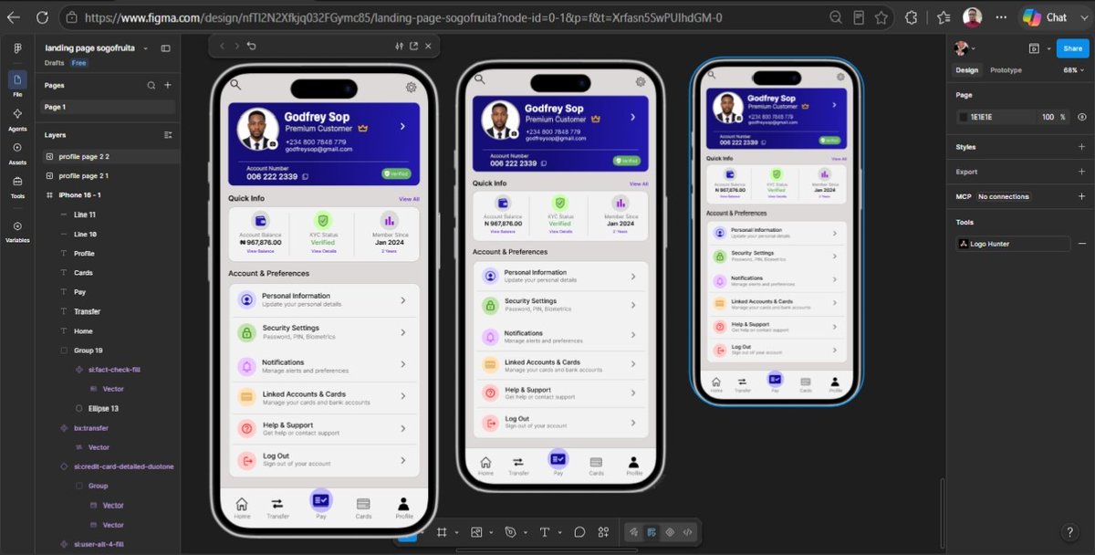 sopgodfrey's tweet photo. Day 5
I designed the profile page of a typical mobile Banking App. Please rate my work
#DailyUI #uidesigner #uxdesigner #uiuxdesigner #productdesigner #figma
Lilith Peter Osihmen Psquare Church Pep Chavarría Kamara Davido Xavi Esparto Cardinal https://t.co/zIfxcrT0Kt