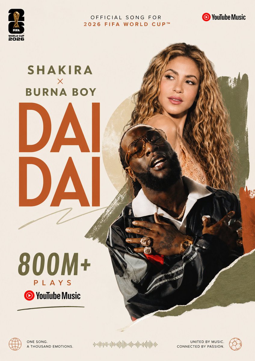PlanetEmmyDisco's tweet photo. Just In 🔥

Shakira &amp; Burna Boy "Dai Dai" has now surpassed 800M plays (841M plays) on YouTube Music.

It becomes Burna Boy first song to reach this mark on the platform. 

He becomes the 3rd Nigerian artist to have a song to reach 800M+ plays on YouTube Music. https://t.co/6r9uJewbAO