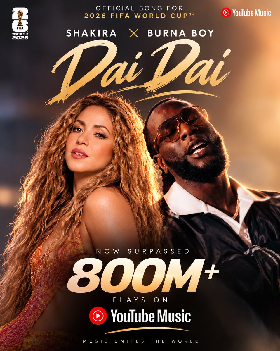 PlanetEmmyDisco's tweet photo. Just In 🔥

Shakira &amp; Burna Boy "Dai Dai" has now surpassed 800M plays (841M plays) on YouTube Music.

It becomes Burna Boy first song to reach this mark on the platform. 

He becomes the 3rd Nigerian artist to have a song to reach 800M+ plays on YouTube Music. https://t.co/6r9uJewbAO