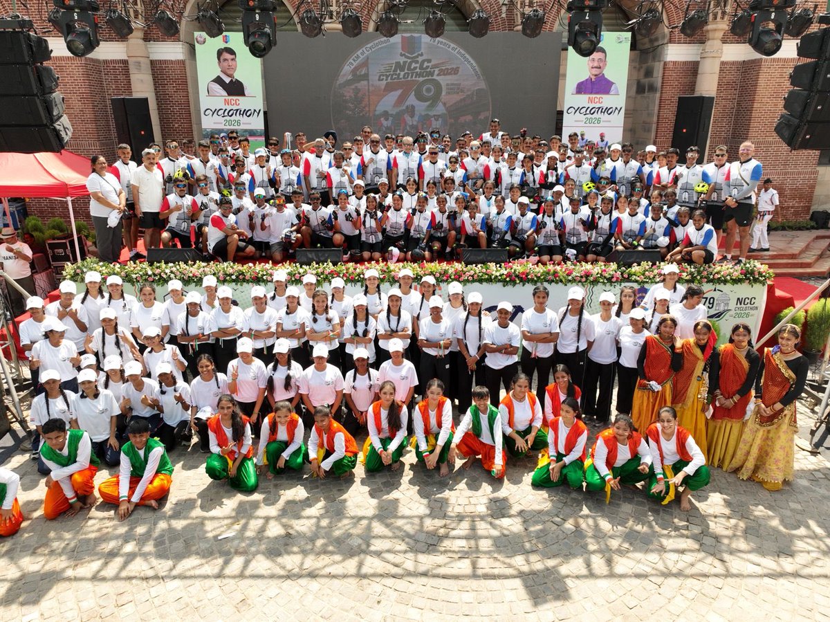 HQ_DG_NCC's tweet photo. Fitness. Discipline. Patriotism. The #NCCCyclothon brought all three together as 79 NCC Cadets completed an inspiring 79 kilometre ride to commemorate 79 years of Independence 🇮🇳

Hon’ble Minister of Youth Affairs and Sports Shri Mansukhani Mandaviya and Hon’ble Raksha Rajya Mantri Shri Sanjay Seth not only flagged off this event but also participated as cyclists.

The sports icons Leander Paes and Mary Kom were also part of the event and motivated the youth for a green and fit India.

It was a powerful message for every young Indian: stay fit, stay focused and serve the nation. Each kilometre was dedicated to each year of independence.

The National Cadet Corps continues to shape confident, responsible leaders. One ride. One purpose. A stronger India.Their grit on the road shows what focused youth power can achieve.Let this Cyclothon spark a lasting commitment to cycling and healthy living.

@rajnathsingh @SethSanjayMP @mansukhmandviya @Leander @MangteC @SpokespersonMoD @YASMinistry @DefProdnIndia @HQ_IDS_India @adgpi @IAF_MCC @indiannavy @vatsvirendra1 @kheloindia @PreetiChoudhry 
.
.
.
.
.
#FitIndia #NCC #NCCCadets #YouthForNation #CyclingForIndia