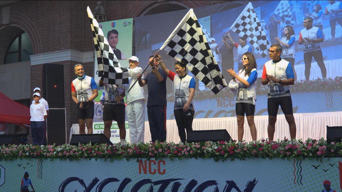 HQ_DG_NCC's tweet photo. Fitness. Discipline. Patriotism. The #NCCCyclothon brought all three together as 79 NCC Cadets completed an inspiring 79 kilometre ride to commemorate 79 years of Independence 🇮🇳

Hon’ble Minister of Youth Affairs and Sports Shri Mansukhani Mandaviya and Hon’ble Raksha Rajya Mantri Shri Sanjay Seth not only flagged off this event but also participated as cyclists.

The sports icons Leander Paes and Mary Kom were also part of the event and motivated the youth for a green and fit India.

It was a powerful message for every young Indian: stay fit, stay focused and serve the nation. Each kilometre was dedicated to each year of independence.

The National Cadet Corps continues to shape confident, responsible leaders. One ride. One purpose. A stronger India.Their grit on the road shows what focused youth power can achieve.Let this Cyclothon spark a lasting commitment to cycling and healthy living.

@rajnathsingh @SethSanjayMP @mansukhmandviya @Leander @MangteC @SpokespersonMoD @YASMinistry @DefProdnIndia @HQ_IDS_India @adgpi @IAF_MCC @indiannavy @vatsvirendra1 @kheloindia @PreetiChoudhry 
.
.
.
.
.
#FitIndia #NCC #NCCCadets #YouthForNation #CyclingForIndia