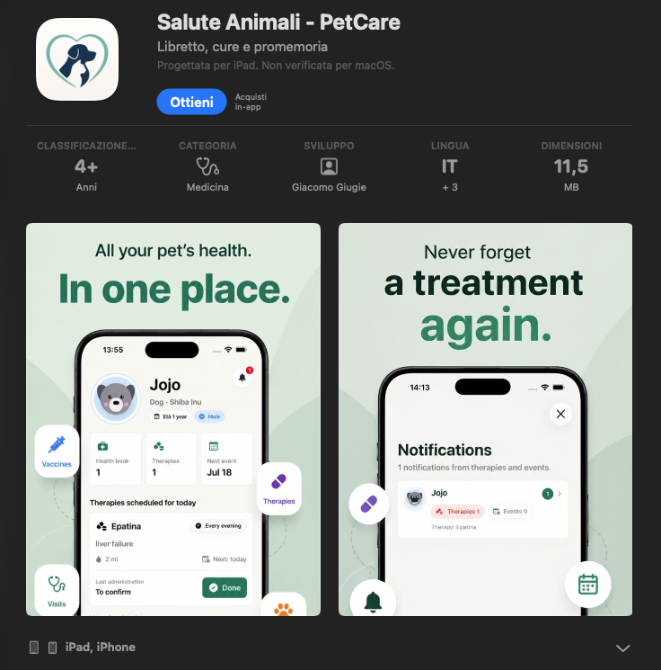 GGiugie_dev's tweet photo. After 14 days of Apple review.
Pet Health - PetCare arrives on the app store.

I hope anyone with a pet will find it useful
Therapies, analysis of reports with AI, calendar of visits and vaccines and more

#buildInPublic #indieDev https://t.co/XwvJ0DnbJO