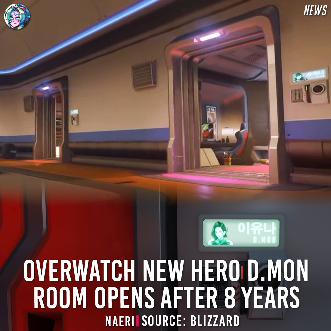 OverwatchNaeri's tweet photo. New Hero 53 #Overwatch D.Mon Room Opens 😈

A D.Mon room has opened at the Mech Base on the Busan map. It seems you will be able to find items related to D.Mon 'Yuna Lee(이유나)' here. Her room has been opened for the first time in 8 years 🔍

D.MON AUGUST 6 FIRST REVEAL!