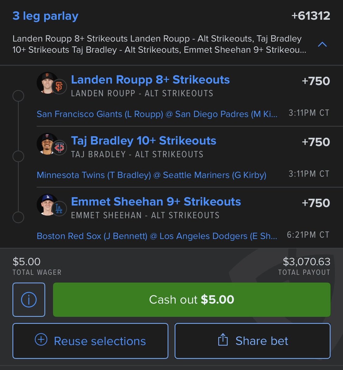 ProfitDawg's tweet photo. Play Of the day💰

Jacob Misiorowski 9 Ks⛽️
Landen Roupp 7 Ks💥
Emmet Sheehan 8 Ks🔥

Parlay of the day🎱

Taj Bradley 10 Ks⚾️
Landen Roupp 8 Ks💥
Emmet Sheehan 9 Ks🔥

As always both plays CLV will be posted after first pitch for first leg! https://t.co/6tSj0Q0Bgo