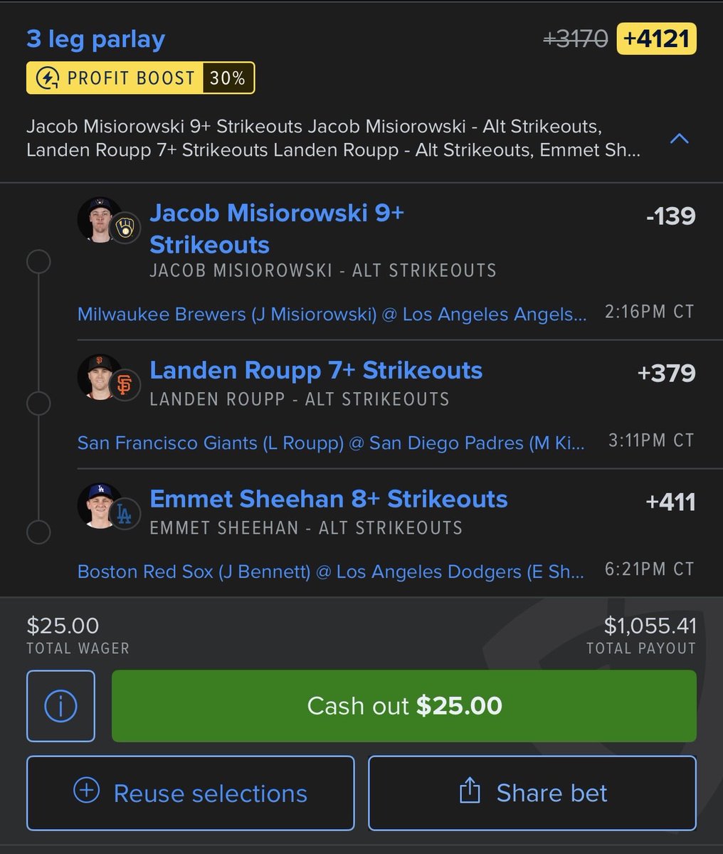 ProfitDawg's tweet photo. Play Of the day💰

Jacob Misiorowski 9 Ks⛽️
Landen Roupp 7 Ks💥
Emmet Sheehan 8 Ks🔥

Parlay of the day🎱

Taj Bradley 10 Ks⚾️
Landen Roupp 8 Ks💥
Emmet Sheehan 9 Ks🔥

As always both plays CLV will be posted after first pitch for first leg! https://t.co/6tSj0Q0Bgo