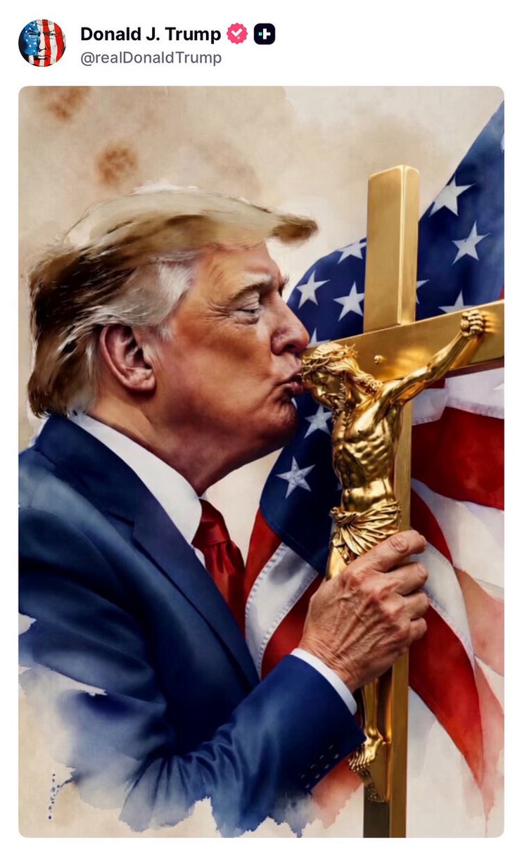 SIP_JBMG's tweet photo. 🚨 NOW: President Trump posts himself kissing the crucifix with Jesus Christ and an American flag behind it https://t.co/Vlf5DPqthL
