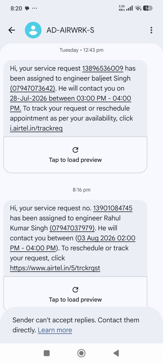jogeshbatra1's tweet photo. 15दिन से रोजाना #Airtel #broadband की शिकायत दर्ज करवाने के बावजूद भी कोई सुनवाई नहीं हो रही। न तो कनेक्शन बंद कर रहे हैं न ही समाधान कर रहे हैं। बिल्कुल ही घटीया ओर थर्ड क्लास सर्विस है #एयरटेल की @airtelindia @Airtel_Presence https://t.co/7OuCWPror1