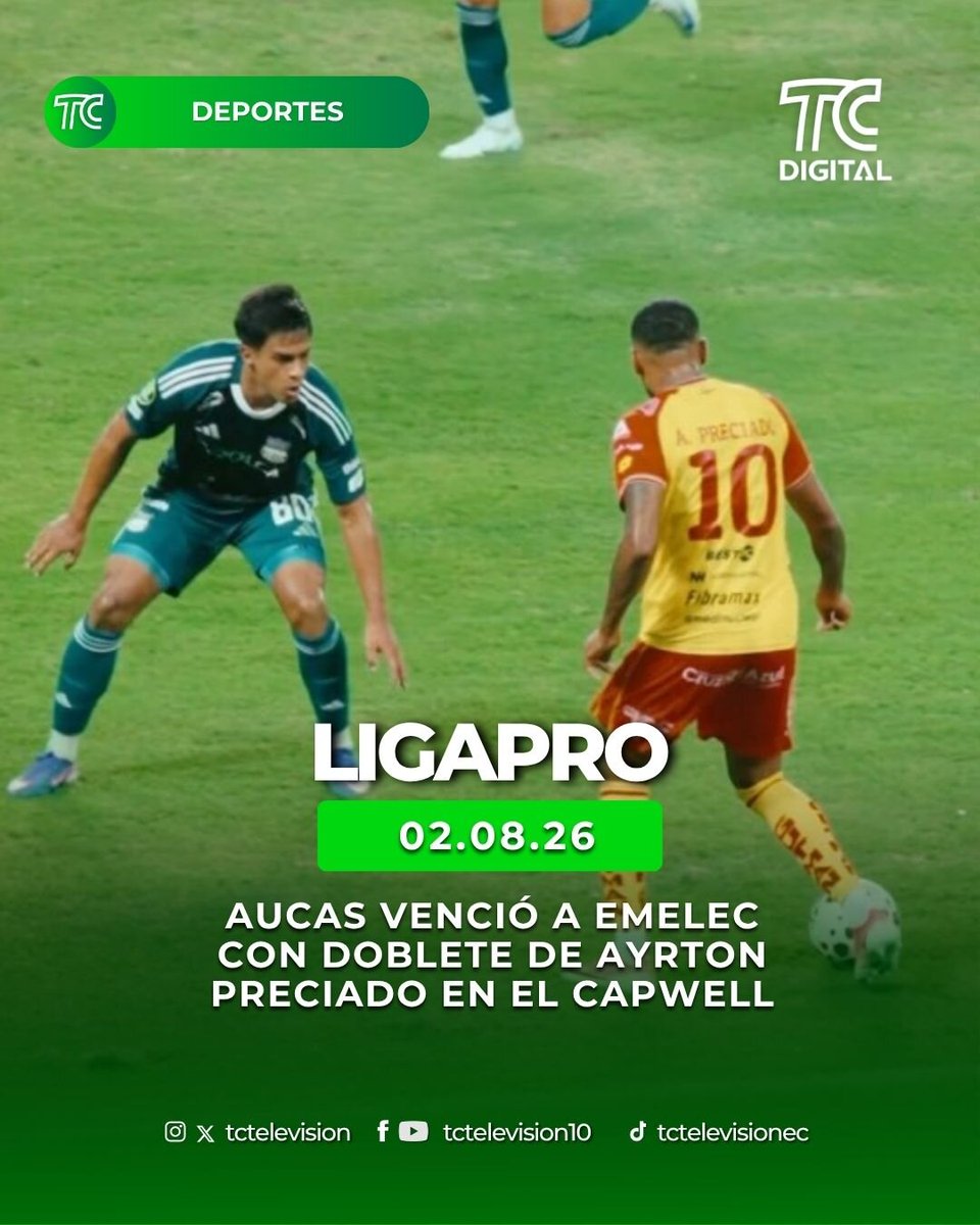 tctelevision's tweet photo. ¡TRIUNFAZO ORIENTAL EN EL CAPWELL!🟡🔴
-
#Aucas venció a #Emelec por la fecha 23 de la LigaPro.
-
Ayrton Preciado se convirtió en la gran figura de la noche tras marcar los goles ante su exequipo. ⚽️🔥
-
Mira los goles aquí: https://t.co/2WJ0oWnriX https://t.co/9kbIOXDX1L