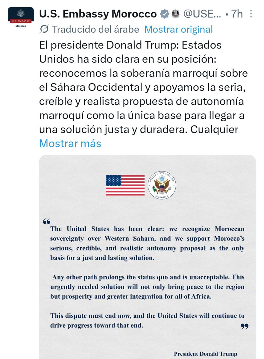 JulianMaciasT's tweet photo. Ayer Trump reconocía la soberanía marroquí del Sáhara Occidental.
Hace 15 días EEUU aprobó un documento apoyando el reclamo de Marruecos de apropiarse de Ceuta y Melilla junto a una partida de 40 millones de dólares.
¿Que dicen los patriotas de esto?
https://t.co/mt8kuakgLg https://t.co/XUa0k4iI2Z