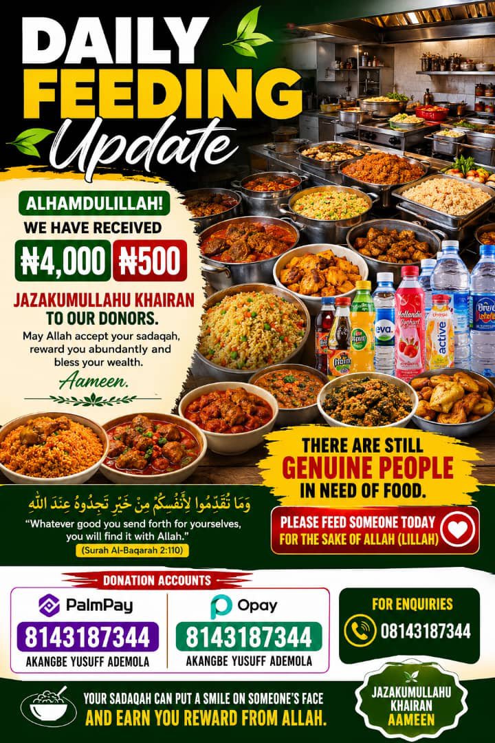 charitablefo's tweet photo. 🌿 DAILY FEEDING UPDATE 🌿

Alhamdulillah. We have received ₦4,000 and ₦500 in donations.

Jazakumullahu Khayran to our generous donors. May Allah accept your sadaqah, place it among your righteous deeds, increase you in His bounty, and reward you with the best in this world. https://t.co/yKgptFbUK9