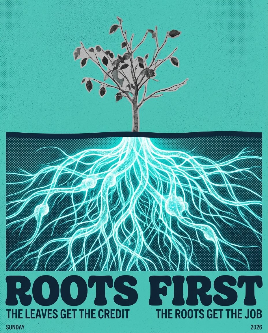 nextryus's tweet photo. the leaves get the credit. the roots get the job. https://t.co/Jto43YYVIH