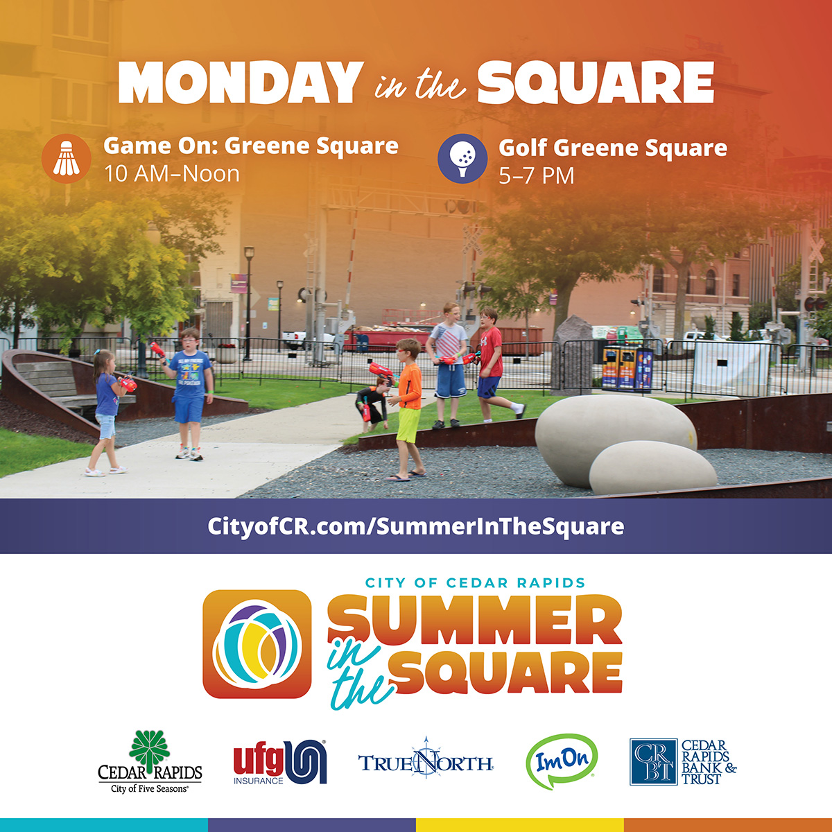 CityofCRiowa's tweet photo. โ๏ธ Monday is almost here!
๐ฒ Game On: Greene Square | 10a-Noon
โณ Golf Greene Square | 5-7p
See you in Greene Square!
https://t.co/duXN8Sfm29
#SummerInTheSquare #PlayCR https://t.co/Or9ldZEUtX