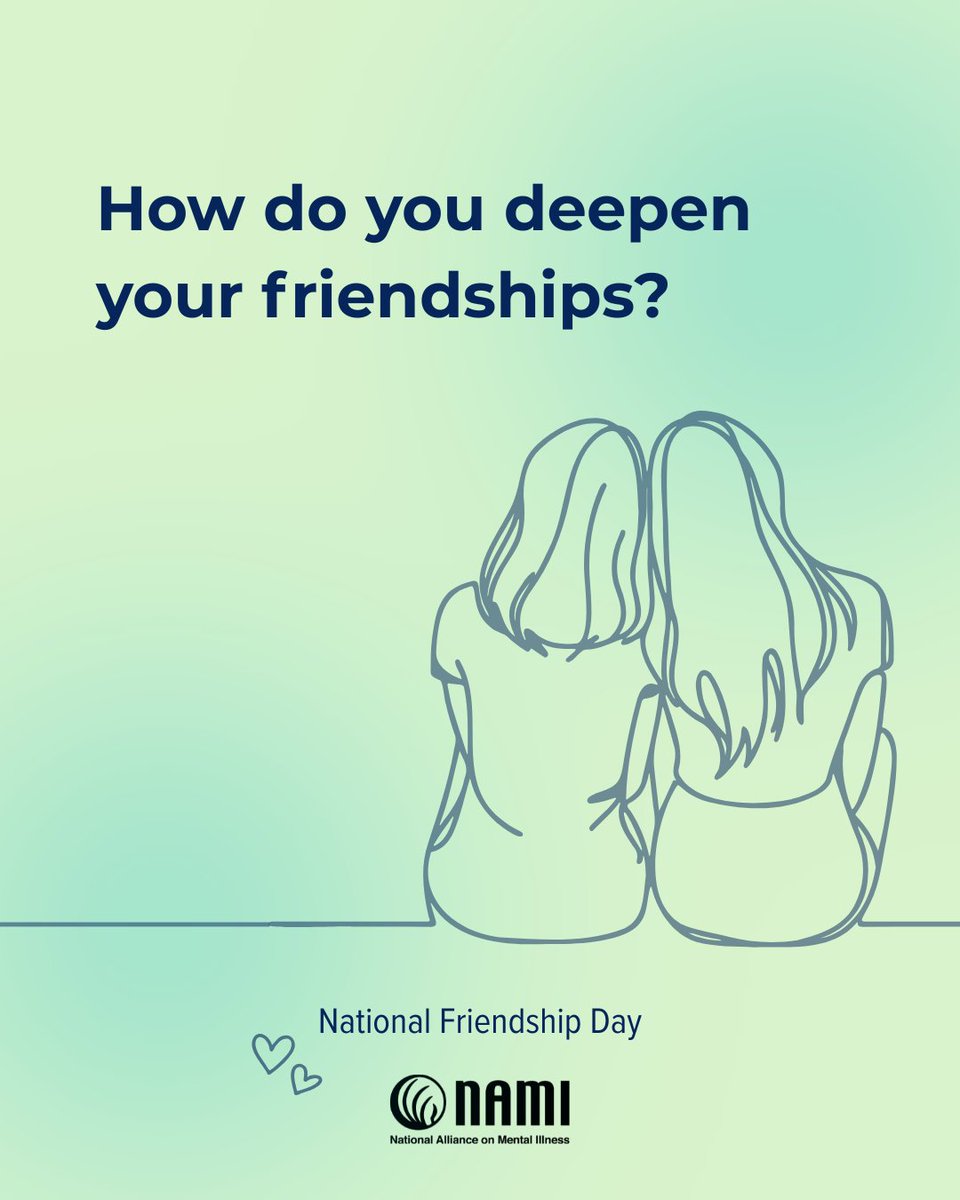 NAMICommunicate's tweet photo. Happy #NationalFriendshipDay! 🫶 To celebrate, we asked our NAMI Next Gen leaders how they deepen their connections with their friends near and far.

Whether you're soaking up the good times or leaning on one another through harder moments, friendship can mean the world. How do you and your friends support each other? 💖