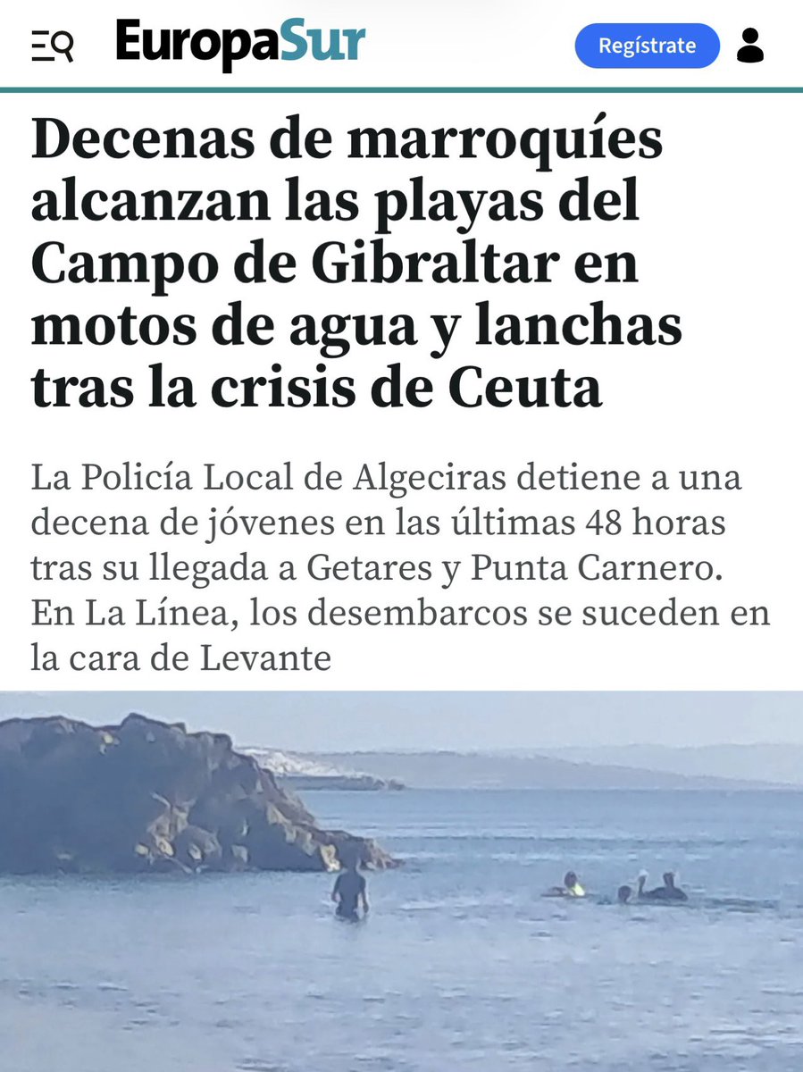 GaviraVox's tweet photo. De la invasión de Ceuta a las llegadas ilegales y masivas a las playas de Algeciras y La Línea de la Concepción, con desplazamientos hacia distintos puntos de la costa andaluza.

España no puede seguir trasladando al mundo la imagen de unas fronteras vulnerables.

Este Gobierno no puede permanecer ni un minuto más al frente de nuestra nación.